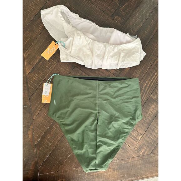 Kona Sol Green High Rise Bottom and Pink One Shoulder Ruffle Bikini Size Large - Picture 5 of 5